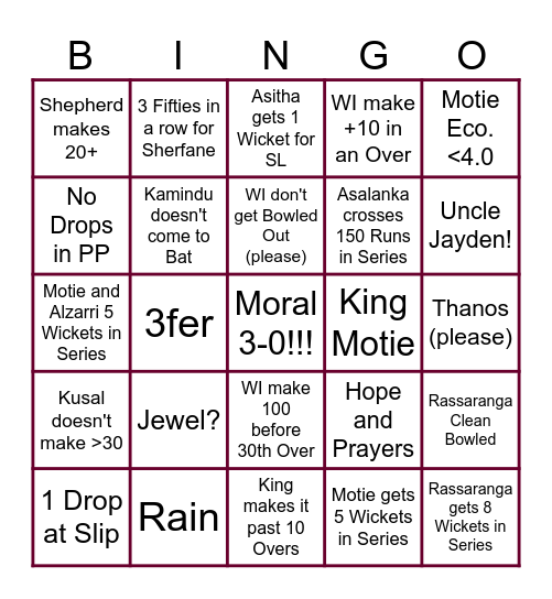 WI vs SL 2nd ODI Bingo Card