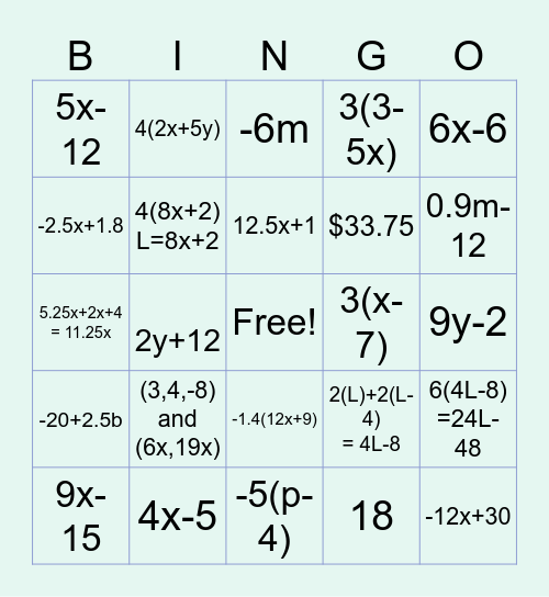 Chapter 3: Expressions Bingo Card