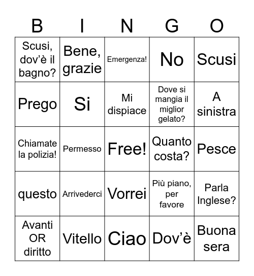 Italian Bingo Card