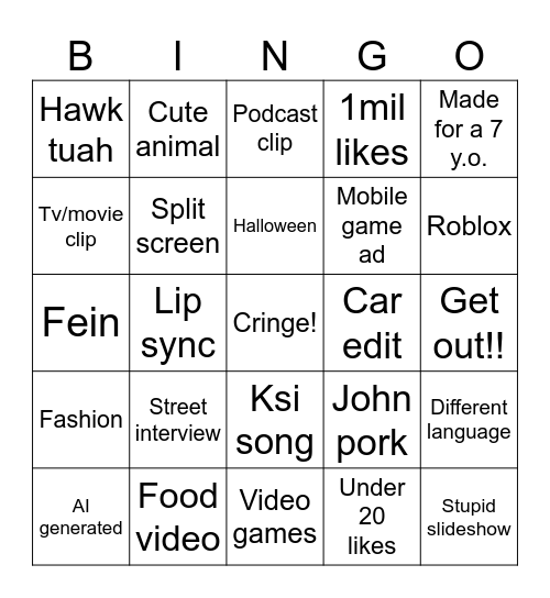 Tik tok Bingo Card