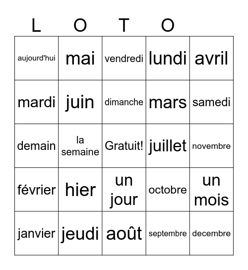 Le calendrier Bingo Card