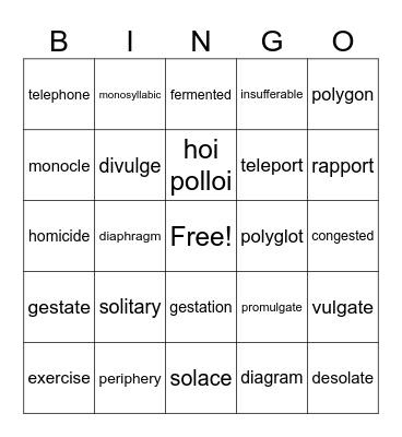 Unit 8 and Unit 9 Vocabulary Bingo Card