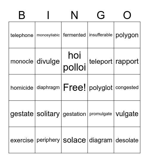 Unit 8 and Unit 9 Vocabulary Bingo Card