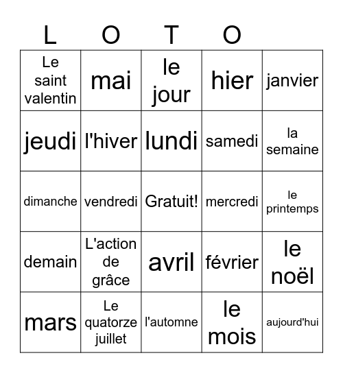 Le calendrier Bingo Card