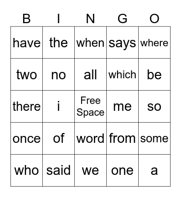 Tricky Word Bingo Card