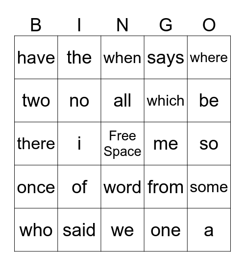 Tricky Word Bingo Card