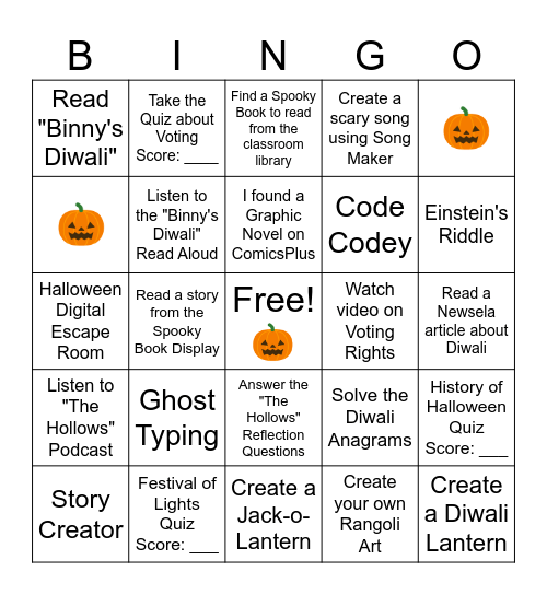 October Choice Board Bingo Card