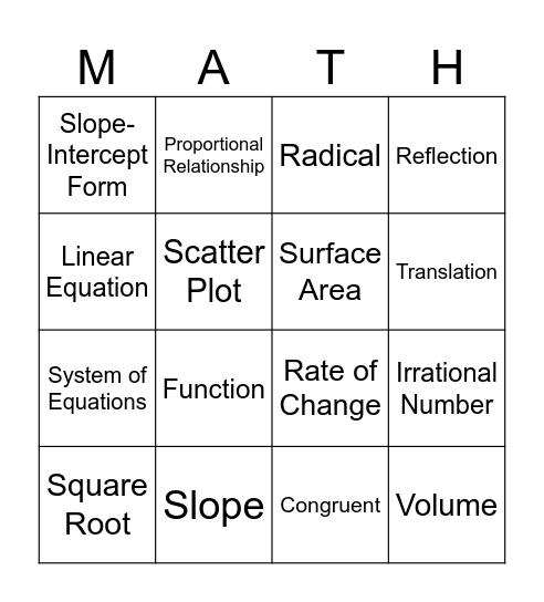 Math Mastery Bingo: Crack the Code of 8th Grade Vocabulary! Bingo Card