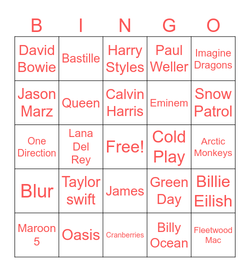 Song Artist Bingo Card