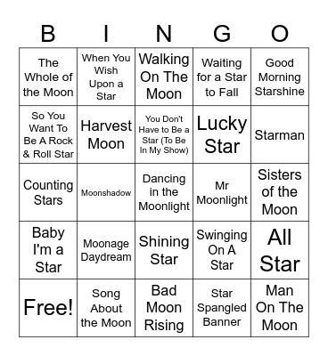 Songs With Star Or Moon In The Title Bingo Card