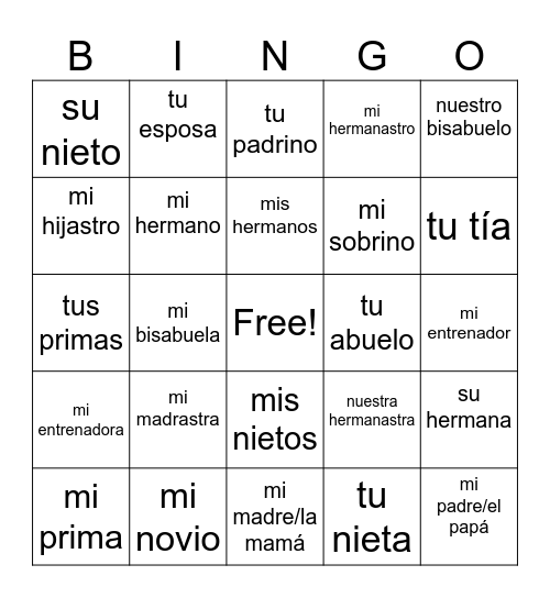 Family Bingo Card