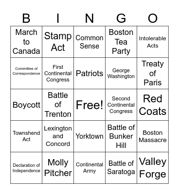 Revolutionary War Bingo Card