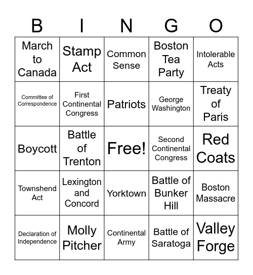 Revolutionary War Bingo Card