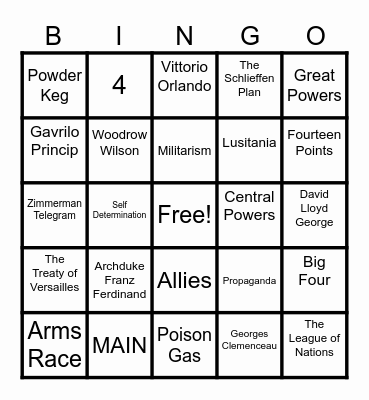World War I Bingo Card