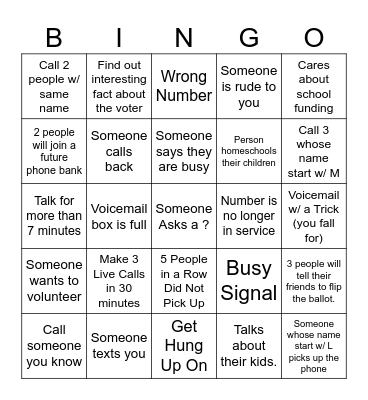 Phone Banking Bingo Card