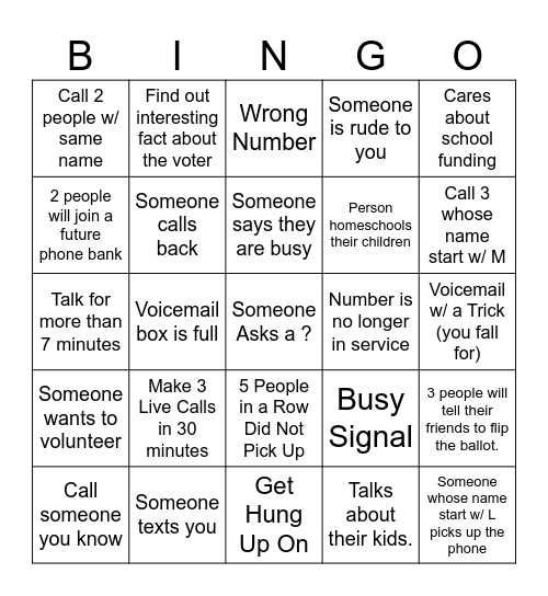 Phone Banking Bingo Card