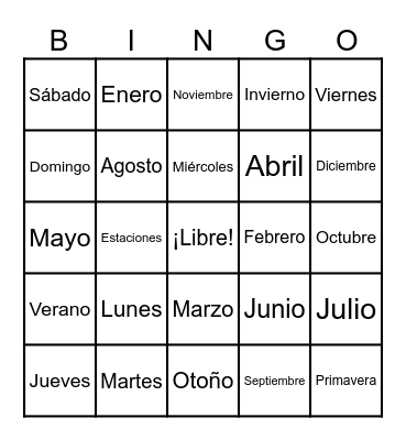 Ch. (1-2) - Days/Months Bingo Card