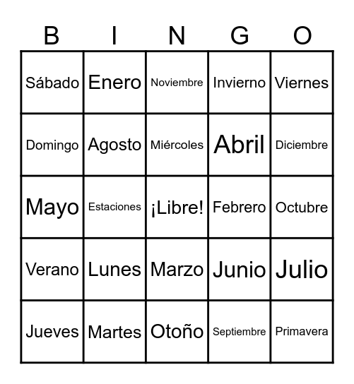 Ch. (1-2) - Days/Months Bingo Card