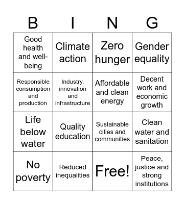 UNICEF Sustainable Development Goals Bingo Card