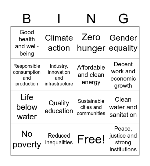 UNICEF Sustainable Development Goals Bingo Card