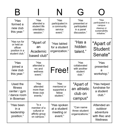 Student Life Bingo Card