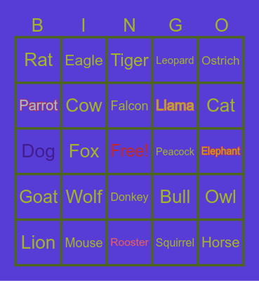 Animals Bingo Card