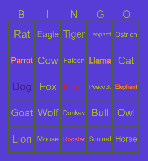 Animals Bingo Card