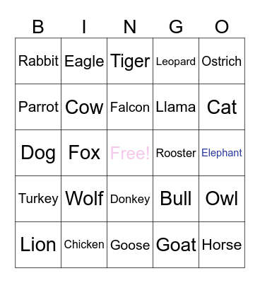 Animals Bingo Card