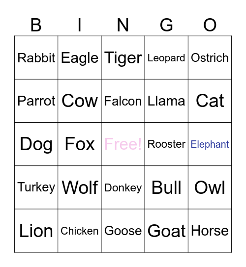 Animals Bingo Card