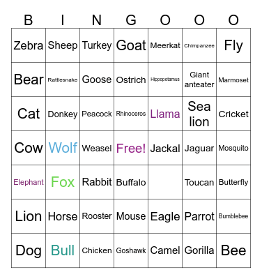 Animals Bingo Card