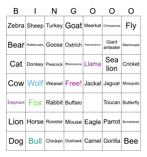 Animals Bingo Card