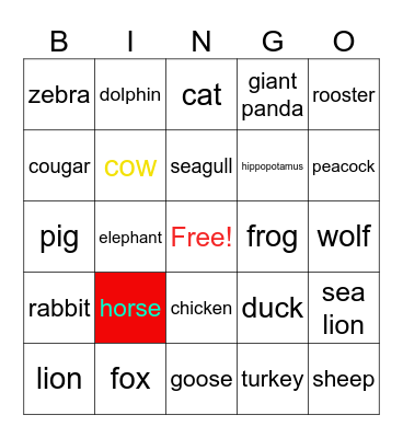 animal bingo Card