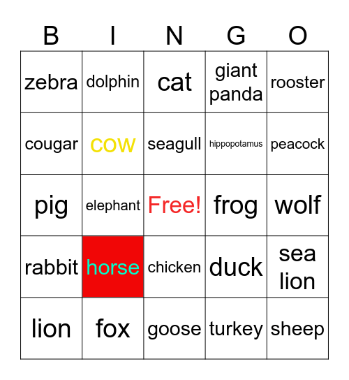 animal bingo Card