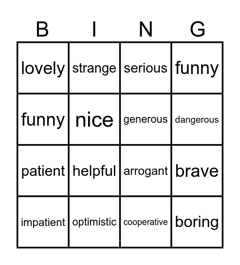 Unit 2 - friendship - describing characters Bingo Card