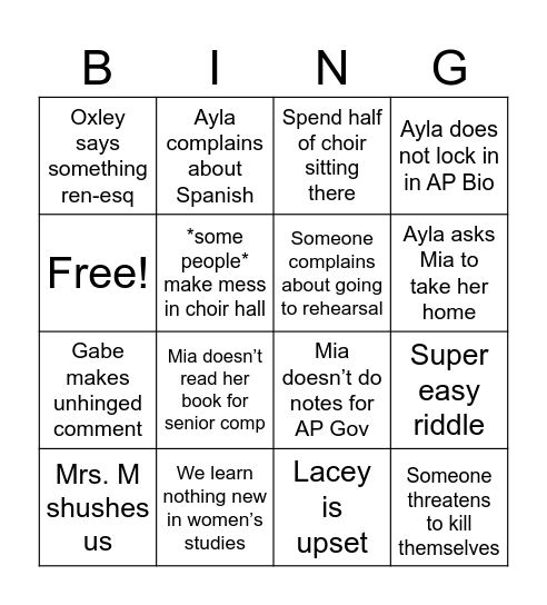 A DAY Bingo Card