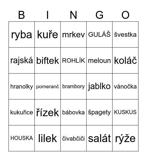 Jídlo Bingo Card