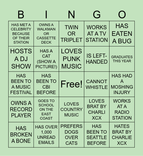 CBI Student Social Bingo Card