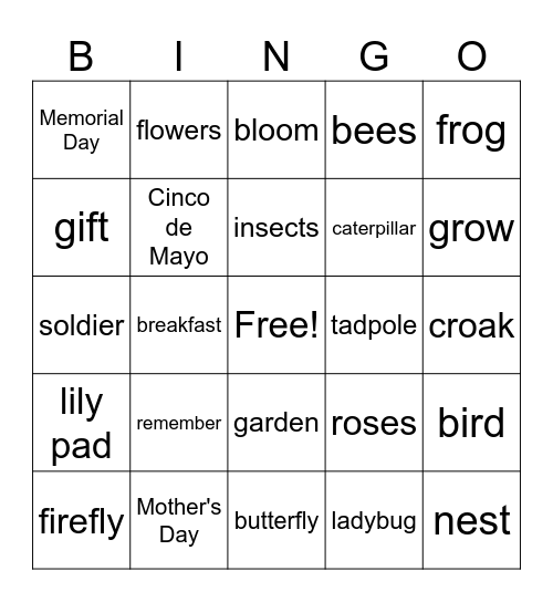 May Vocabulary Words Bingo Card