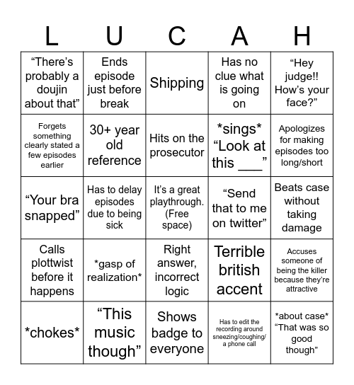Lucahjin Ace Attorney Bingo Card