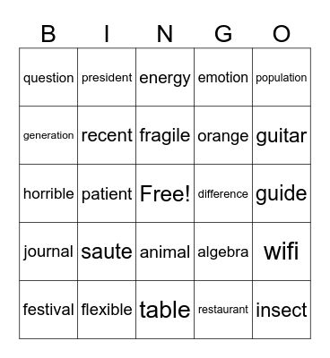 French Cognates Bingo Card