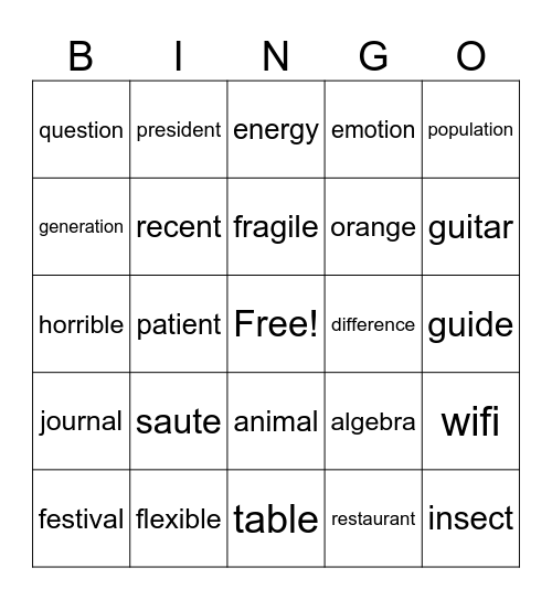 French Cognates Bingo Card