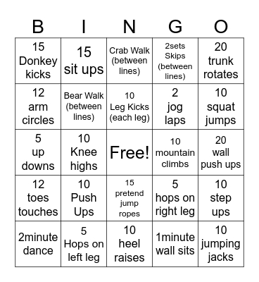 Fitness Bingo Card