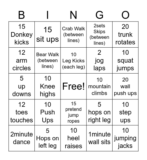 Fitness Bingo Card