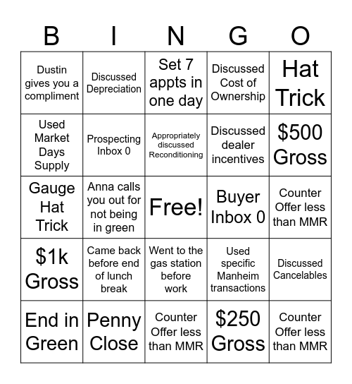 Buyer Team Bingo Card