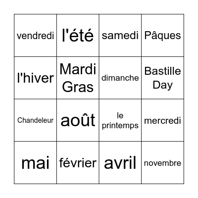 Days, Months, and Seasons Bingo Card