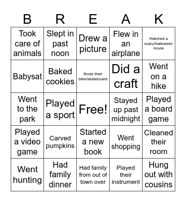Fall Break Bingo Card