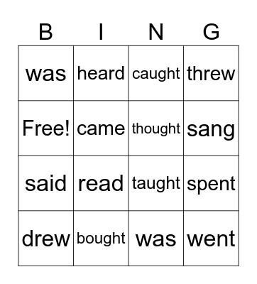 Present and Past Verbs Set #1 Bingo Card