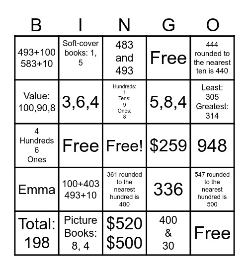 Three Digit Place Value and Rounding Bingo Card
