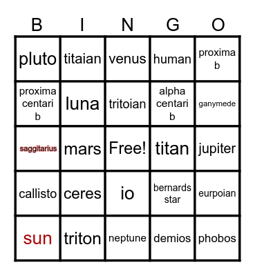 space Bingo Card