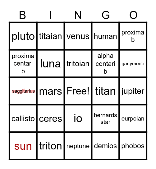 space Bingo Card